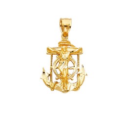 10k Gold Diamond Cut Jesus Cross And Anchor Pendant 21mX17m